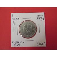 Moneda Alemania  Nazi 2 Mark De Plata  Año 1934 Muy Escasa segunda mano  Chile 